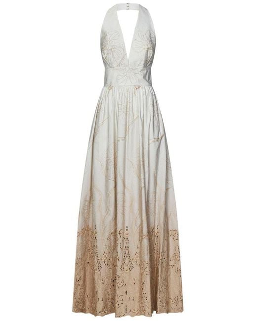 Elie Saab Natural Embroidered Degradé Poplin Long Dress