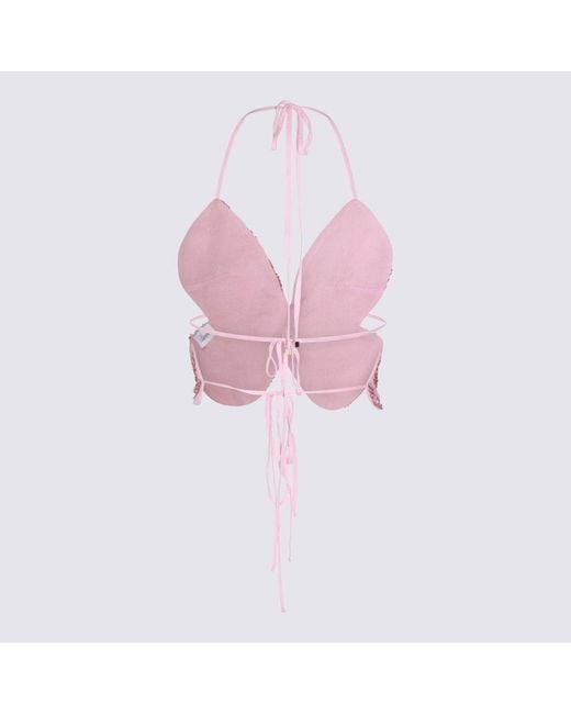 Blumarine Pink Sequin-embellished V-neck Butterfly Top