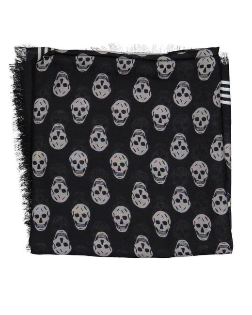 Alexander McQueen Black Logo Skull Printed Frayed-Edge Scarf for men