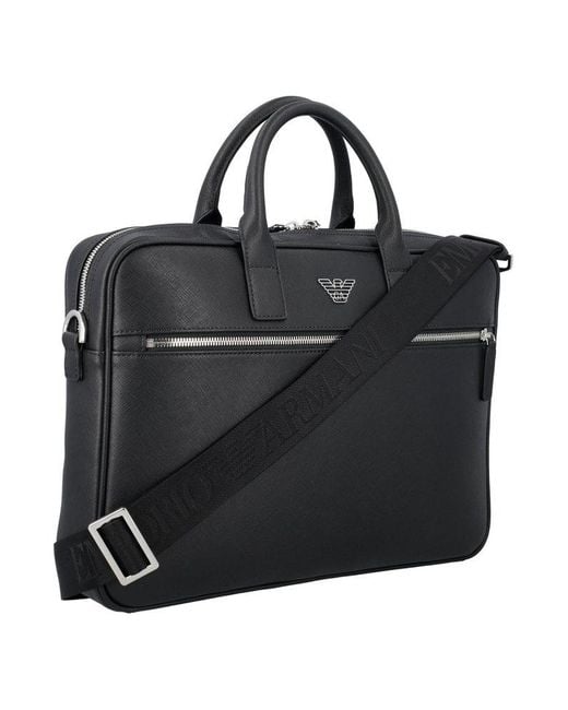 Emporio Armani Black Regenerated-leather Business Bag With Eagle Pate for men