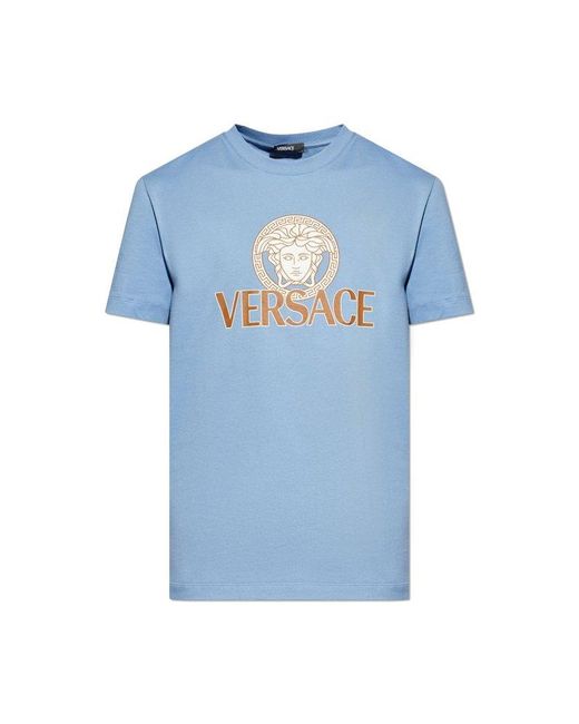 Versace Blue T-Shirt With Printed Logo for men