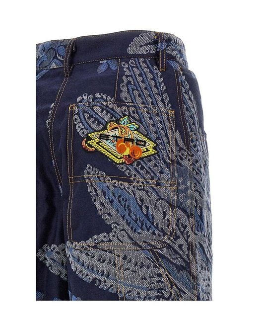 Etro Blue Floral Print Wide-leg Pants