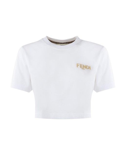 Fendi White Logo-print Crewneck Crop Top