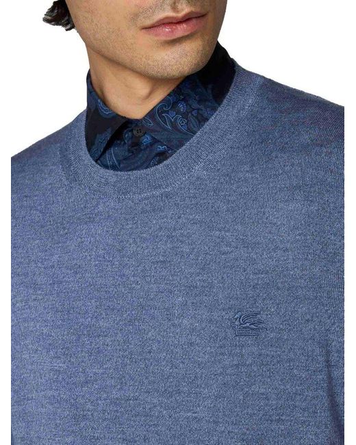 Etro Blue Logo-embroidered Crewneck Knitted Jumper for men