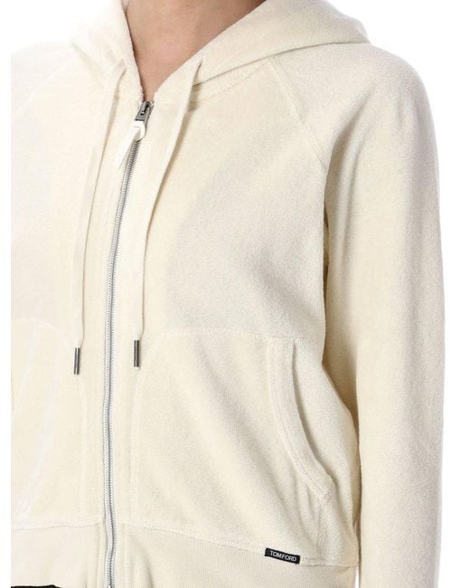 Tom Ford White Ecru Towelling Zip Hoodie With Drawstring Hood