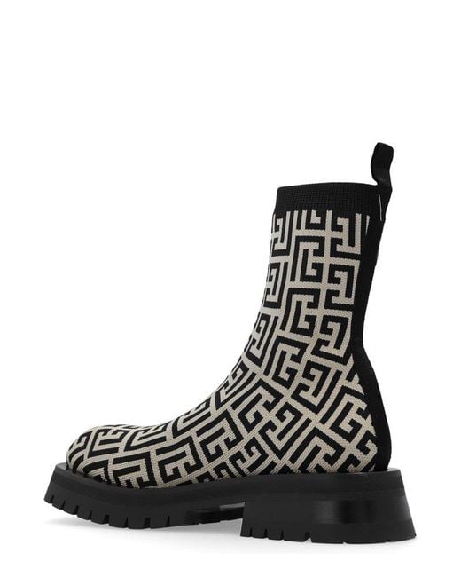Balmain Black Monogram Patterned Block Heel Ankle Boots