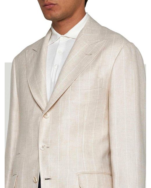Brunello Cucinelli Natural Single Breasted Striped Tailored Blazer for men