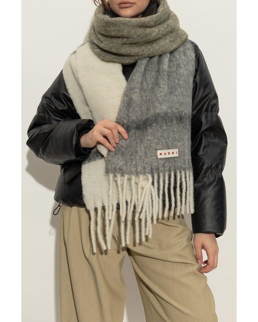 Marni Black Logo Patch Fringed Scarf