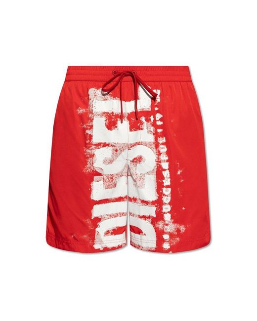 DIESEL Red Bmbx-powel Logo Printed Drawstring Swim Shorts for men