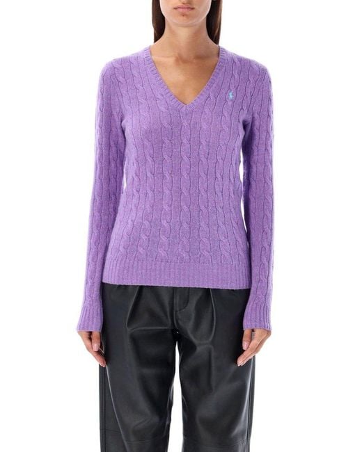 Polo Ralph Lauren Purple Kimberly V-neck Cable Knit Sweater