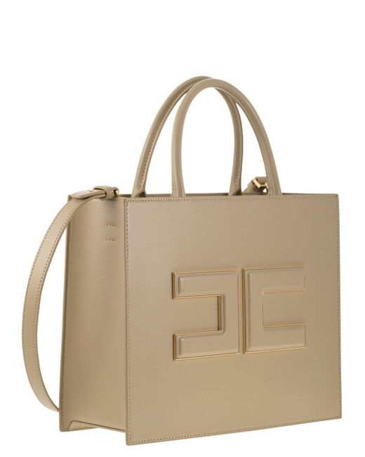 Elisabetta Franchi Natural Medium Shopper With Logo Plaque