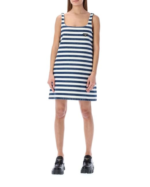 Prada Striped Denim Dress in Blue | Lyst