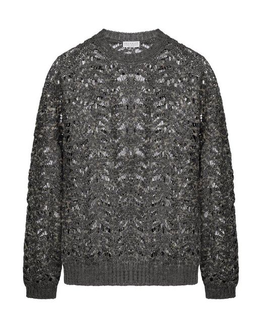 Brunello Cucinelli Gray Sequin-Embellished Crewneck Jumper