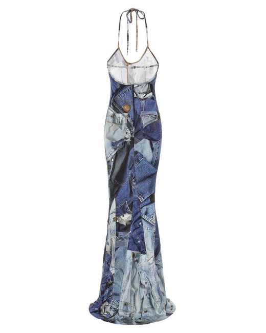 Moschino Blue Graphic Printed Halterneck Maxi Dress