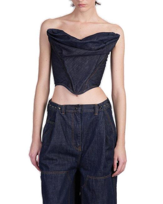 Magda Butrym Blue Draped Strapless Denim Corset
