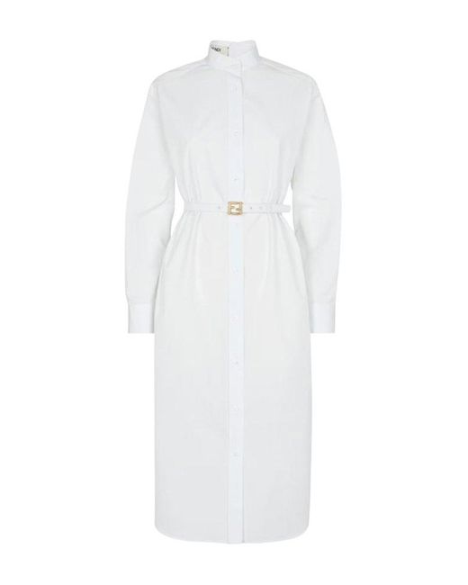 Fendi White Long-sleeved Poplin Midi Dress