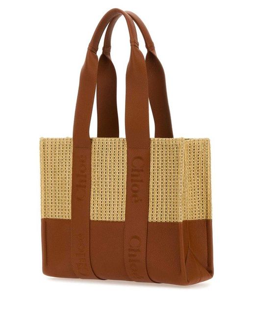 Chloé Brown Two-Tone Raffia And Leather Medium Woody Shopping Bag