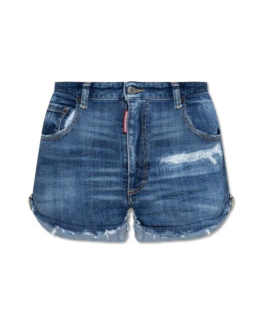DSquared² Blue Logo Patch Distressed Shorts