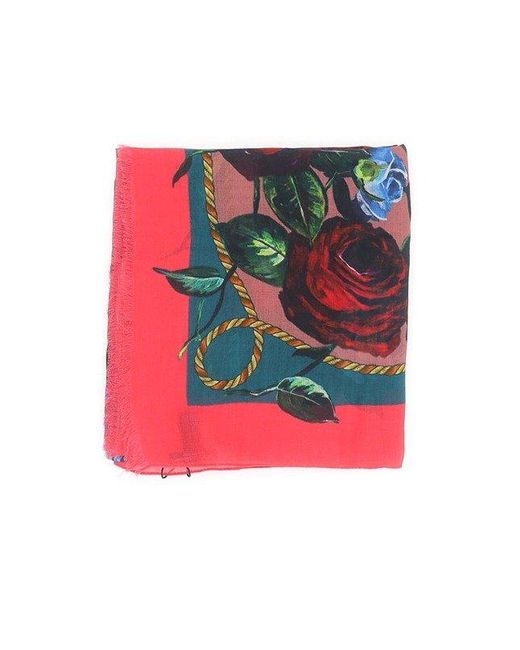 Dolce & Gabbana Red Floral Printed Frayed Edge Scarf
