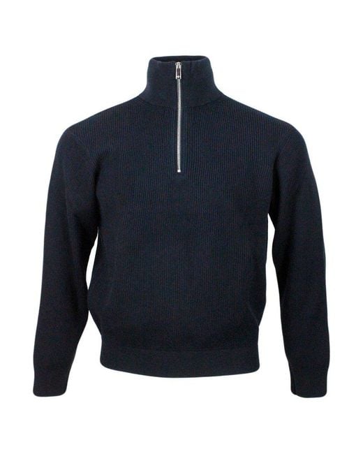 Armani Exchange Blue English Rib Half-zip Sweater Made Of A Wool And Cotton Blend for men