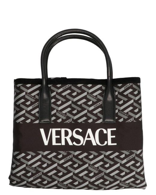 Versace La Greca Pattern Top Handle Tote Bag in Black | Lyst
