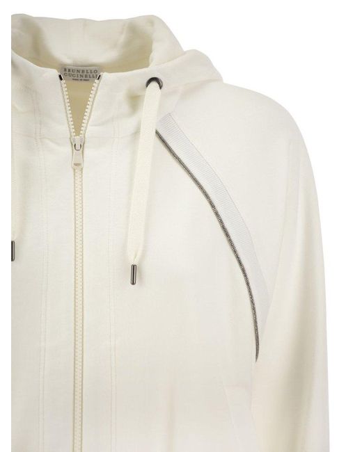 Brunello Cucinelli White Smooth Cotton Fleece Hooded Topwear With Shiny Piping