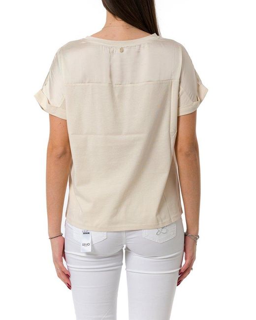 Liu Jo White Satin-Panel Crewneck T-Shirt