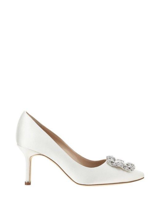 Manolo Blahnik White Hangisi Embellished Satin Pumps
