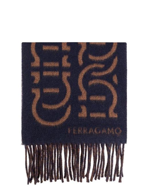 Ferragamo Blue Wool Scarf With Logo for men