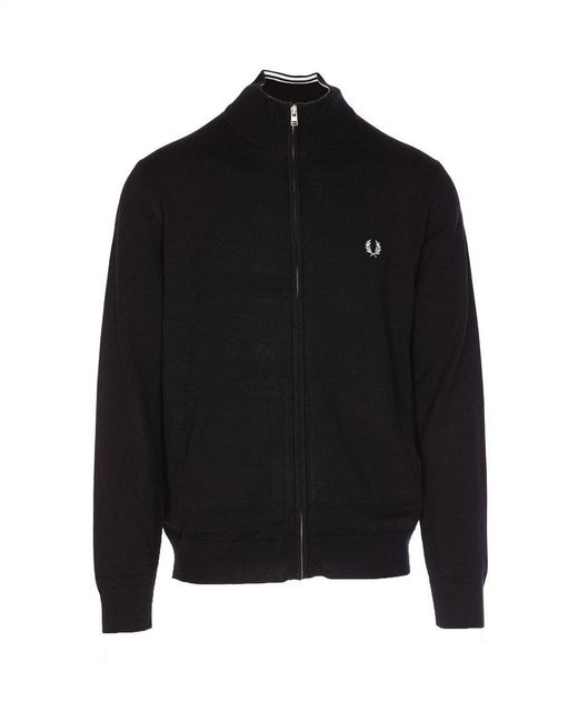 Fred Perry Black Logo Embroidered Zipped Knitted Sweatshirt for men