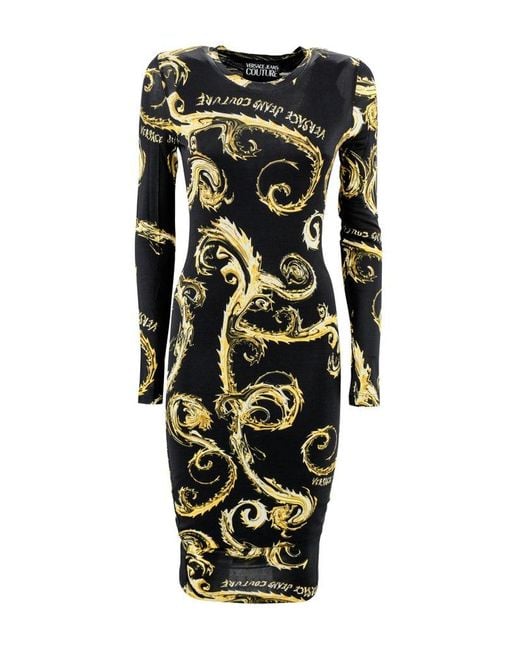 Versace Jeans Couture Black Chromo Couture-Print Crewneck Midi Dress