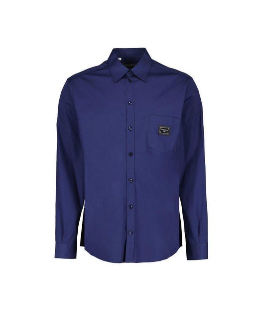 Dolce & Gabbana Blue Logo-plaque Long-sleeved Shirt for men