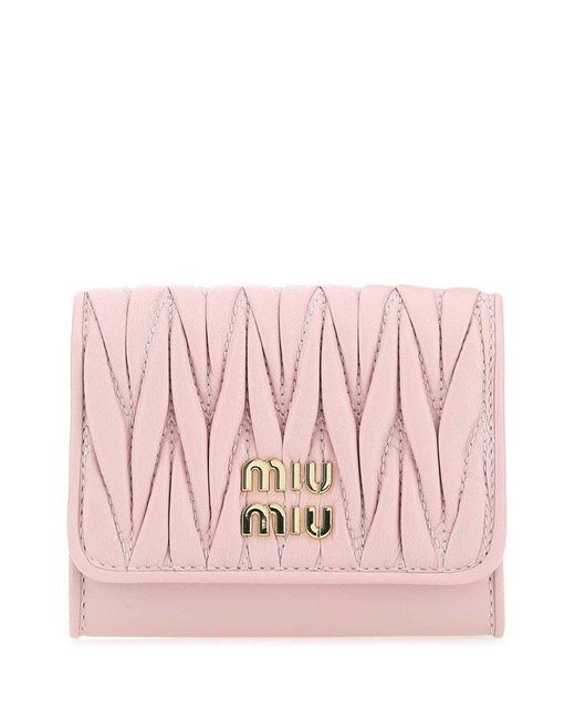 Miu Miu Pink Logo Plaque Ruched Wallet