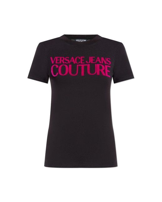 Versace Jeans Couture Red Logo-Flocked Crewneck T-Shirt