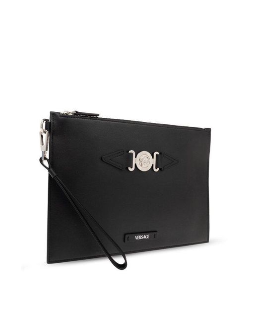 Versace Logo Plaque Zipped Clutch Bag in Black for Men | Lyst