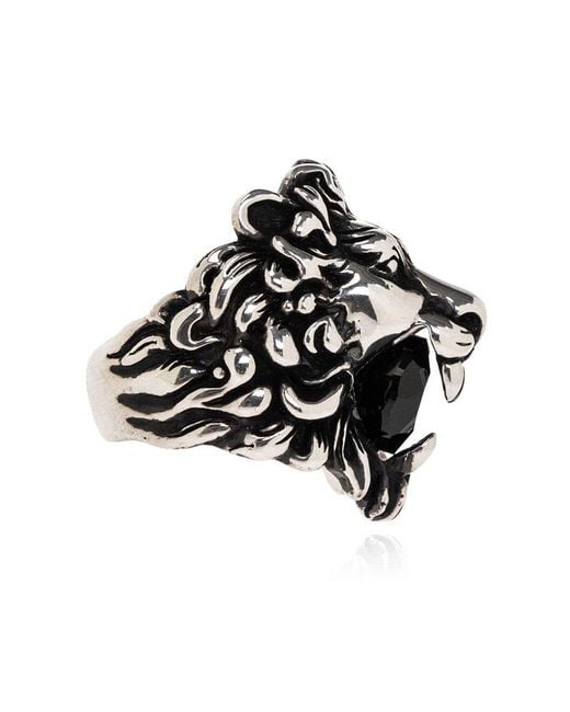 Gucci Black Brass Ring With Lion Motif,