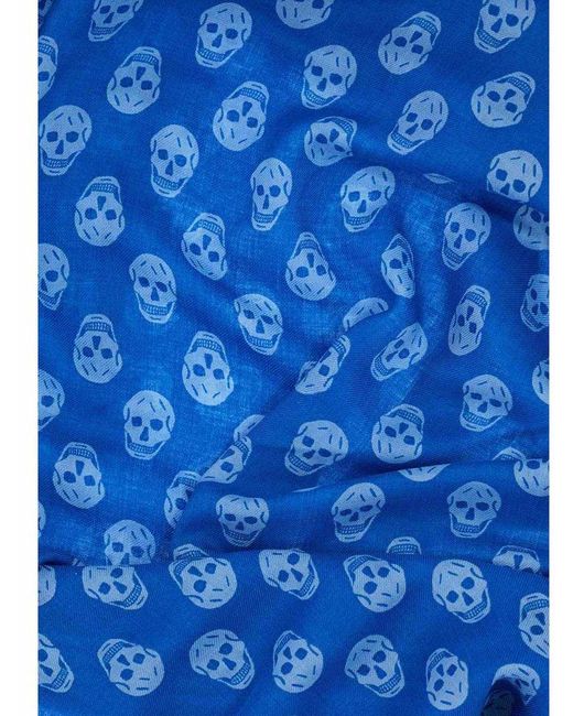 Alexander McQueen Blue Skull-printed Fringed Scarf
