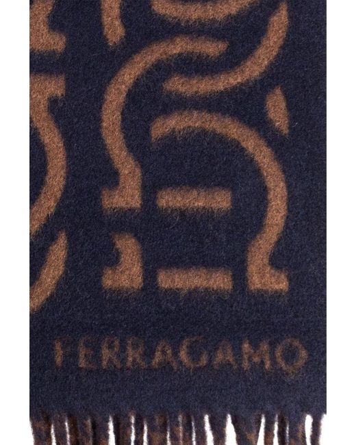 Ferragamo Blue Wool Scarf With Logo for men