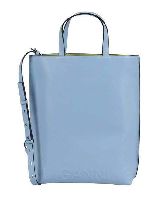 Ganni Blue Logo Embossed Tote Bag