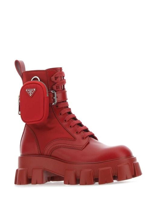 Prada Panelled Pouch-attached Combat Boots in Red for Men | Lyst Canada