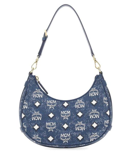 MCM Aren Allover Logo Patterned Denim Shoulder Bag in Blue Lyst