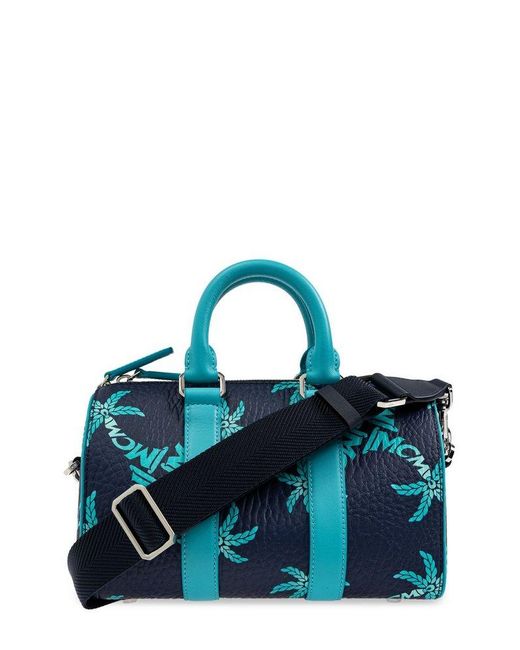 MCM Blue Aren Logo Printed Boston Handbag for men