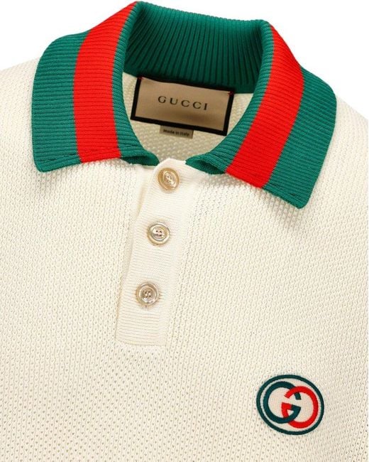 Gucci Mens Ivory MC logo-embroidered Striped Cotton-knit Polo Shirt M