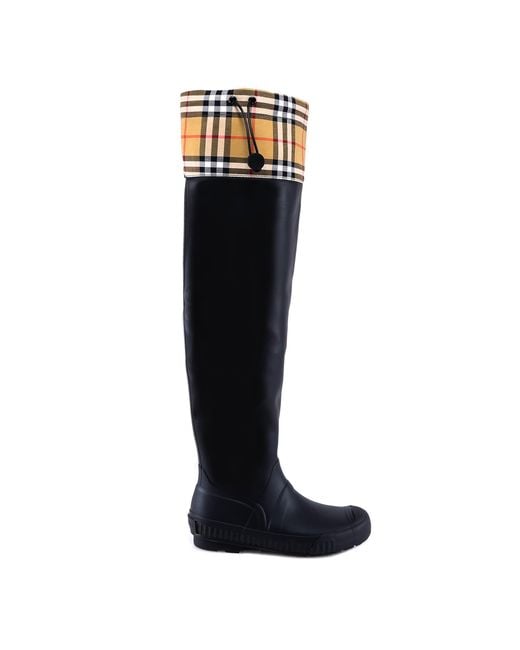 Burberry Black Vintage Check And Rubber Knee-high Rain Boots