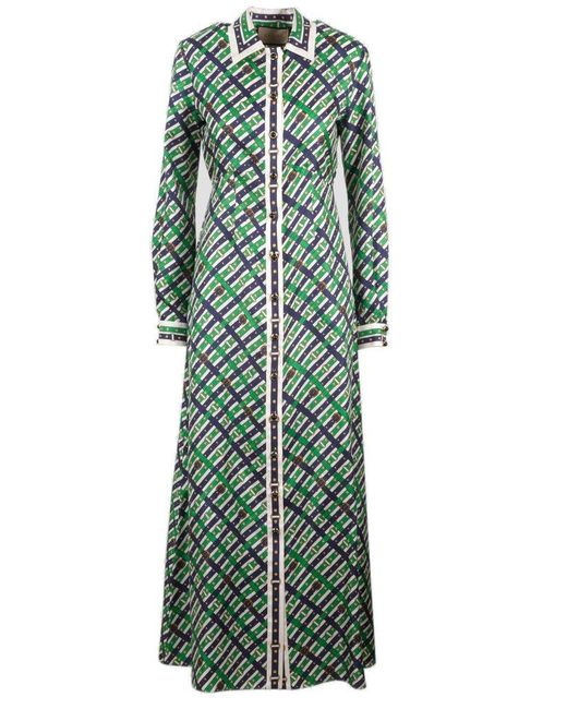 Gucci Green Printed Silk-twill Maxi Shirt Dress