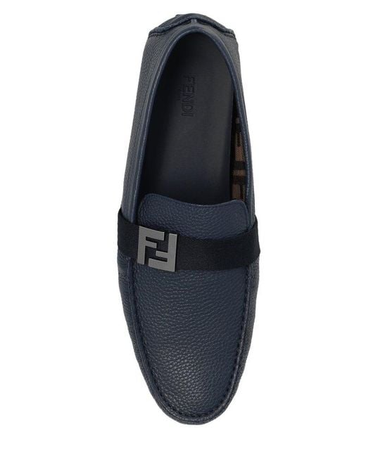 Fendi Blue Ff Logo-plaque Leather Loafers for men