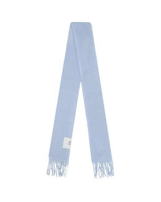 Maison Kitsuné Blue Logo Patch Fringed Knit Scarf