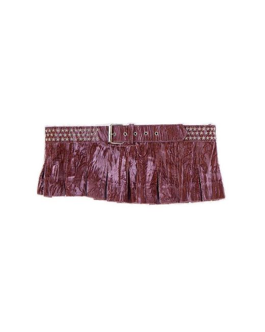 Collina Strada Red Pleated Star Embellished Belted Skirt