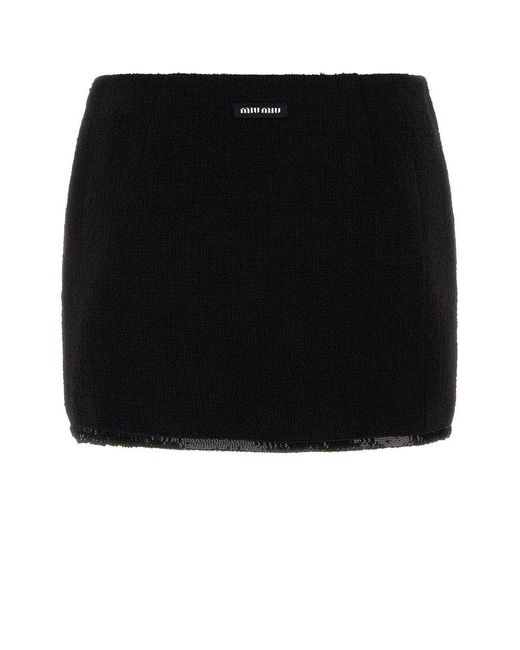 Miu Miu Black Logo-Patch Sequin-Trim Mini Skirt