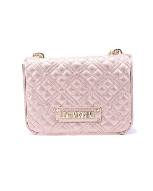 Love Moschino Pink Logo Plaque Quilted Shoulder Bag